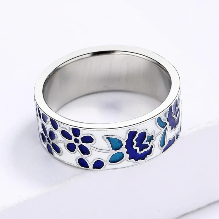 925 Silver Exquisite Womens for Ring Blue Enamel Flower Ring Fashion Handmade Enamel Jewelry Wedding Bridal Ring 250624