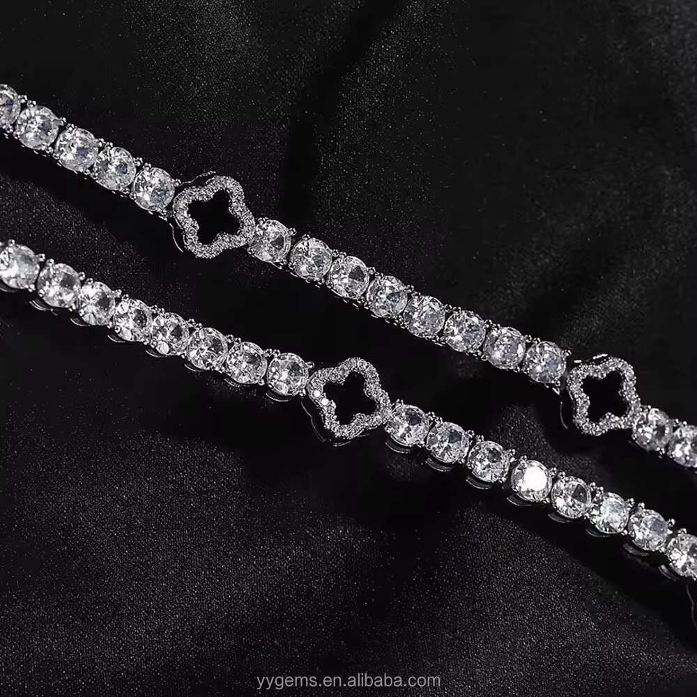 Fashion S925 Silver 3/4/5mm Mossanite Tennis Bracelet Natural Black Agate Onyx Clover Tennis Chain Jewelry Bracelet