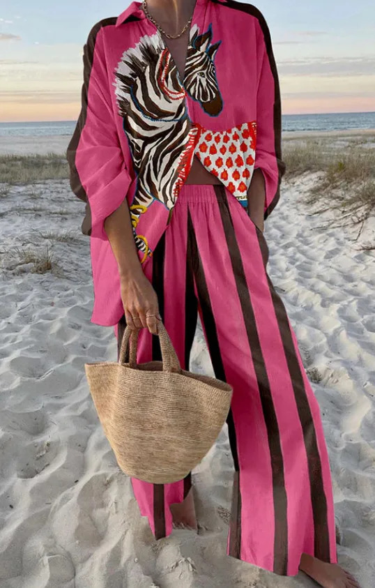Summer Women Casual Print Twopiece Set Clothing Seaside Tropical Vacation Style Printed Lapel Shirt Wideleg Trousers 250616
