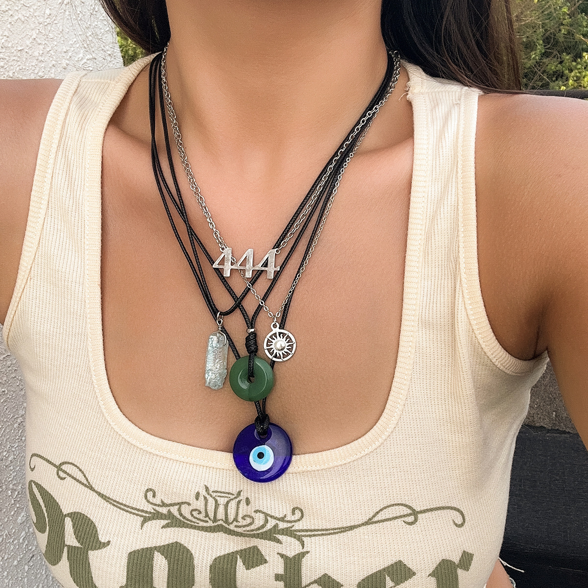 Jewelry Demon Eye Turquoise Pendant Beaded Necklace Women's Wax Thread Choker Clavicle Chain