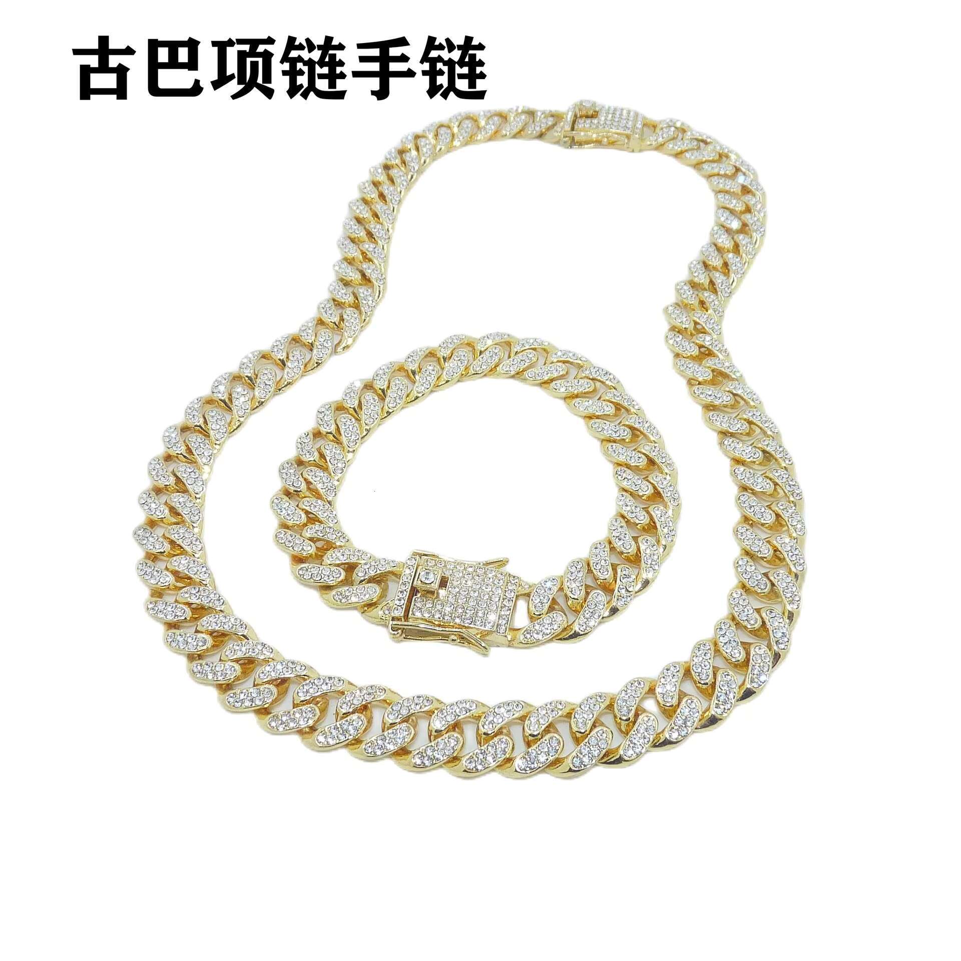Full Diamond Cuban Chain Necklace Bracelet Gold Plated Hip Hop Style for Men and Women Personalities Fashions Suit