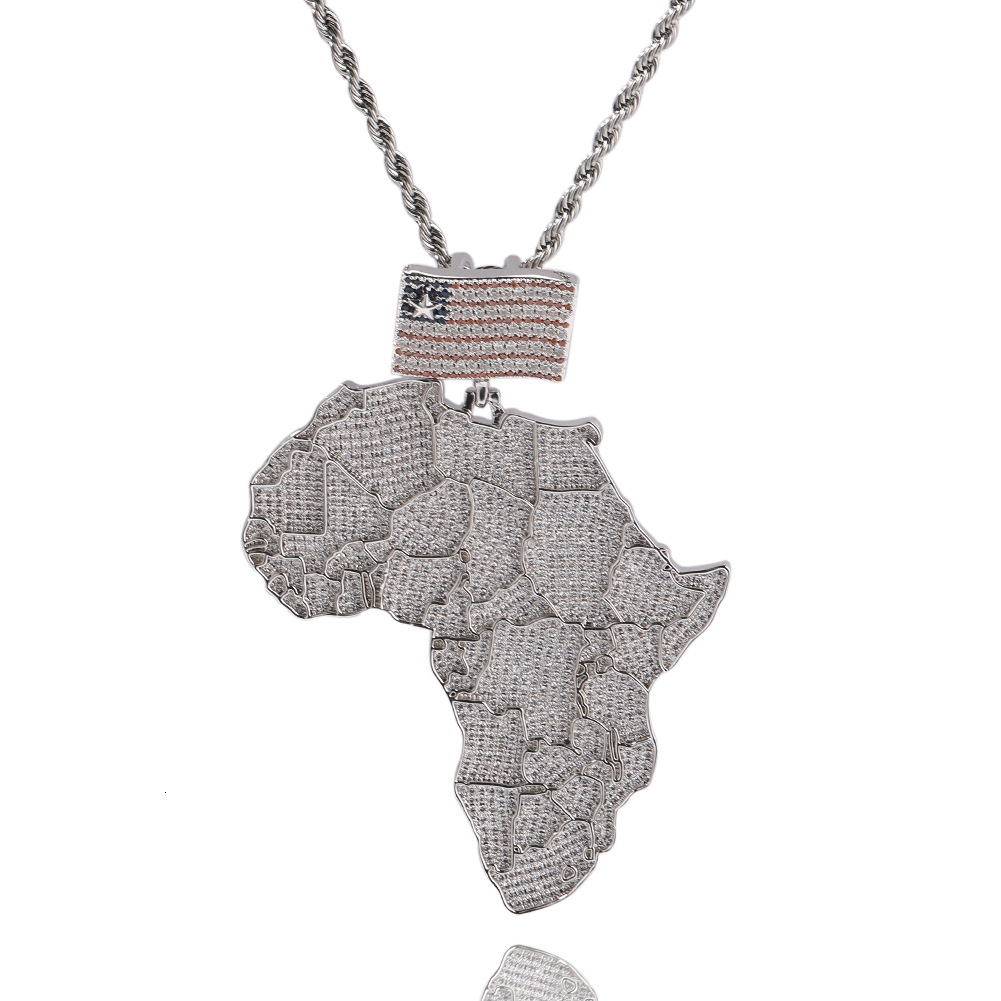 14K Gold Street Hip Hop Africa Map Pendant Full Iced Out Cubic Zirconia Flag Charm Trendy Mens Necklace Collar Aesthetic Punk Rock Rapper Jewelry Acce