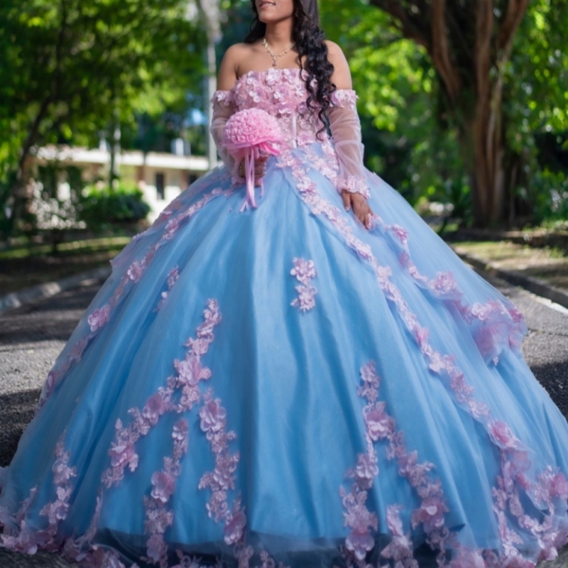 Blue Shiny Quinceanera Dresses Ball Gown Off The Shoulder Applique Flower Beads Tull Corset Sweet 16 Dress Vestidos 15 Anos