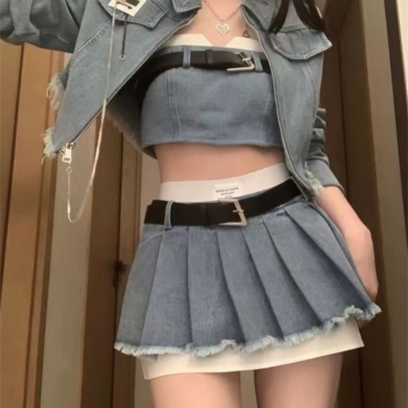 High Street Y2k Fashion Two Piece Set Women Retro Denim Long Sleeve Skirts Suit Korean Style Chic Set Short Vest Mini Skirt 250614