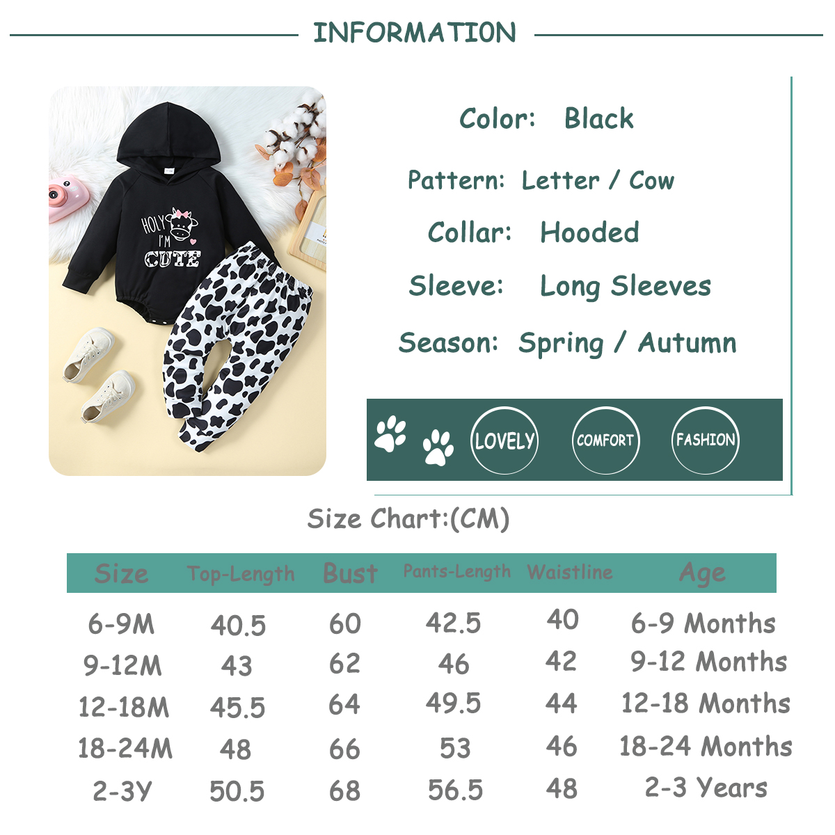 Spring and Autumn Baby Boy Letter Cow Printed Hoodie Pants Cute Casual Cow Spotted Full Pattern Pants Set