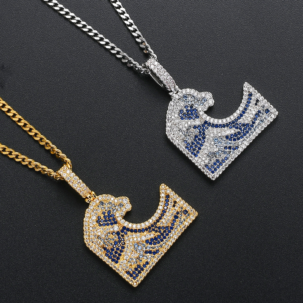Luxury Moissanite Bling Iced Out Great Wave Kanagawa Colorful Diamond Studded Hip Hop Men's Trendy Necklace Accessory Pass the diamond tester
