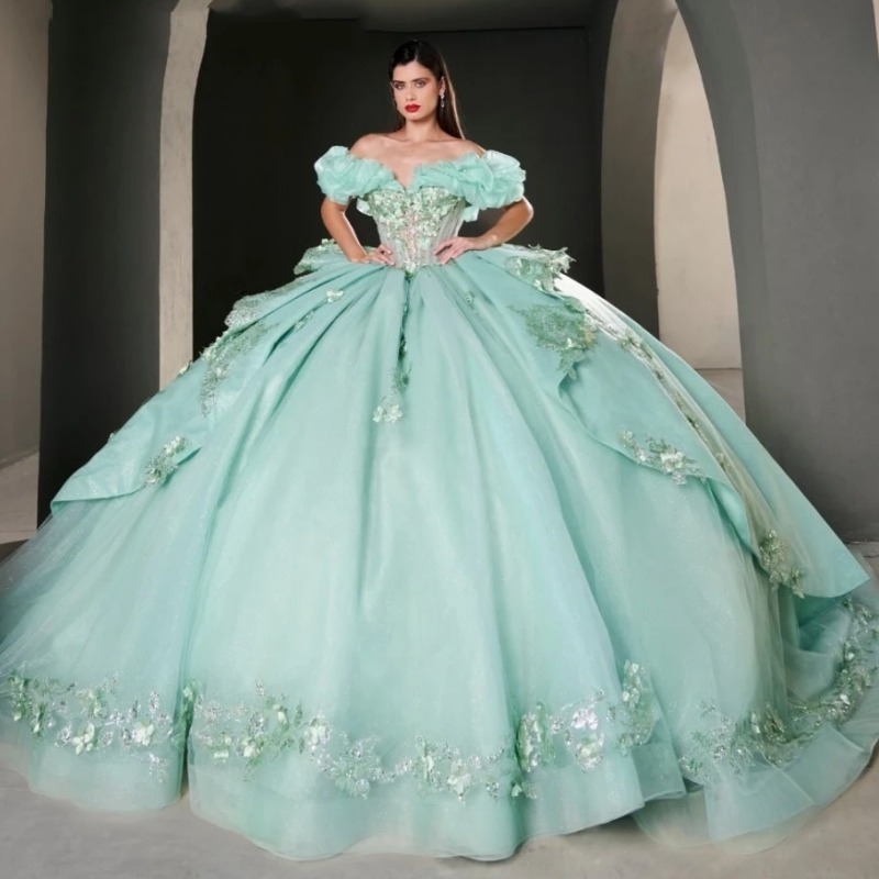 Glitter Sage Green Quinceanera Dresses Ball Gown Floral Applique Beading Tiered Sweet 16 Dress Vestidos De 15 Anos