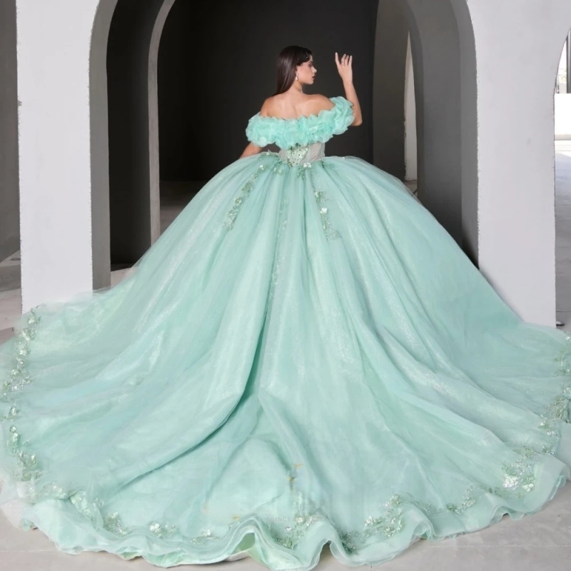 Glitter Sage Green Quinceanera Dresses Ball Gown Floral Applique Beading Tiered Sweet 16 Dress Vestidos De 15 Anos