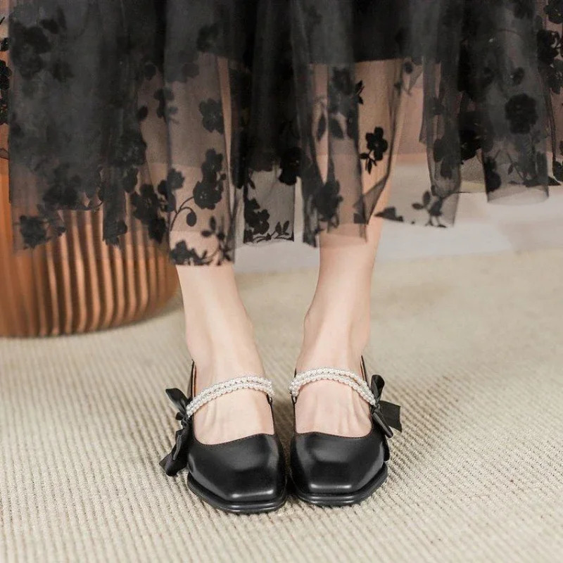 Ladies Pumps with Medium Heels Womens Shoes Gothic Moccasins Bow Square Japanese Style Lolita Toe Mary Jane on Sale 39 Korean 250624