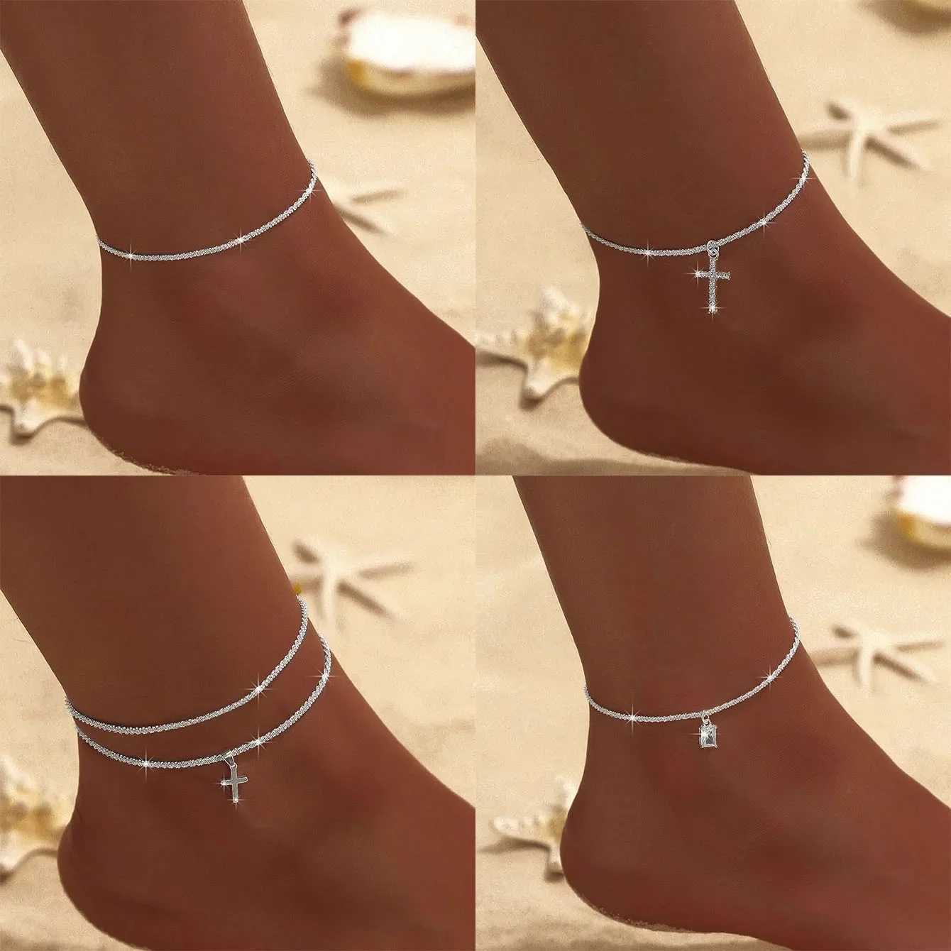 Sparkling Thin Chain Anklet Bracelet for Women Zircon Cross Pendant Bracelet on Leg Foot Trendy Boho Summer Beach Jewelry U250624