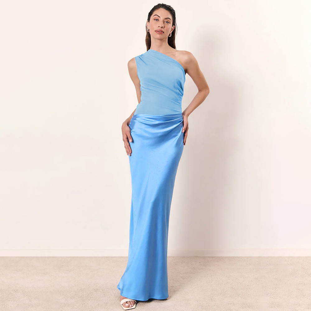 H624Summer temperament oblique shoulder slim long skirt female feeling sleeveless pleated hot girl hip dress