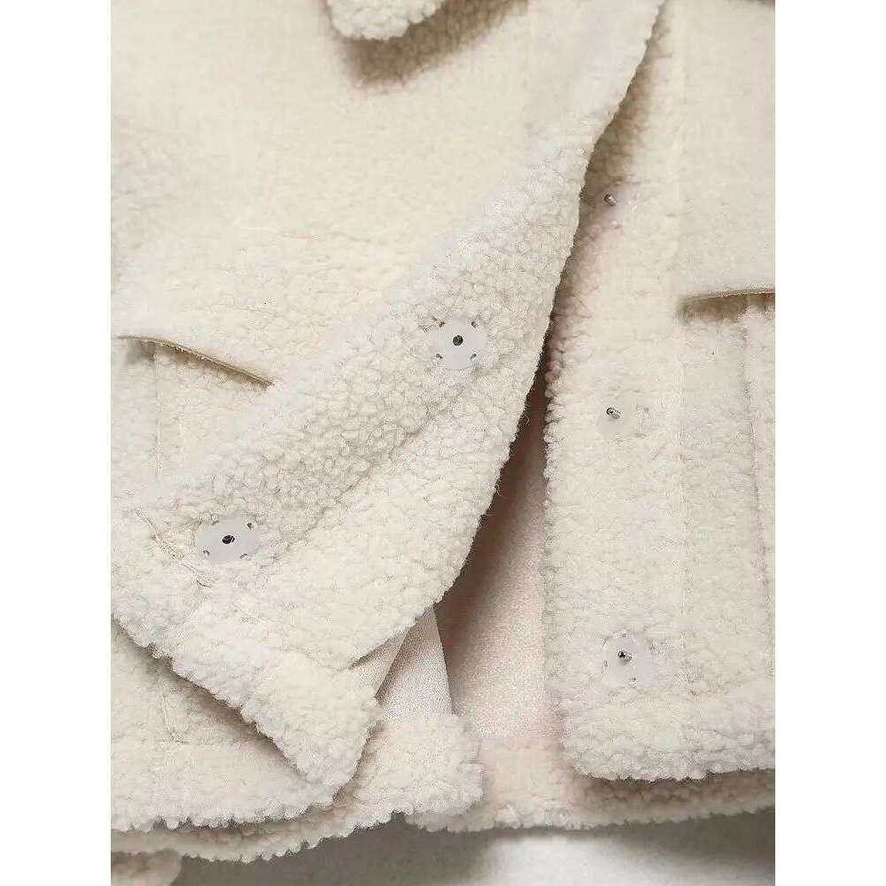 ZBZA Women Thick Warm Faux Fur Jacket Vintage Long Sleeve Lapel Patch Pocket Hidden Button Loose Outerwear Winter Lady Coat