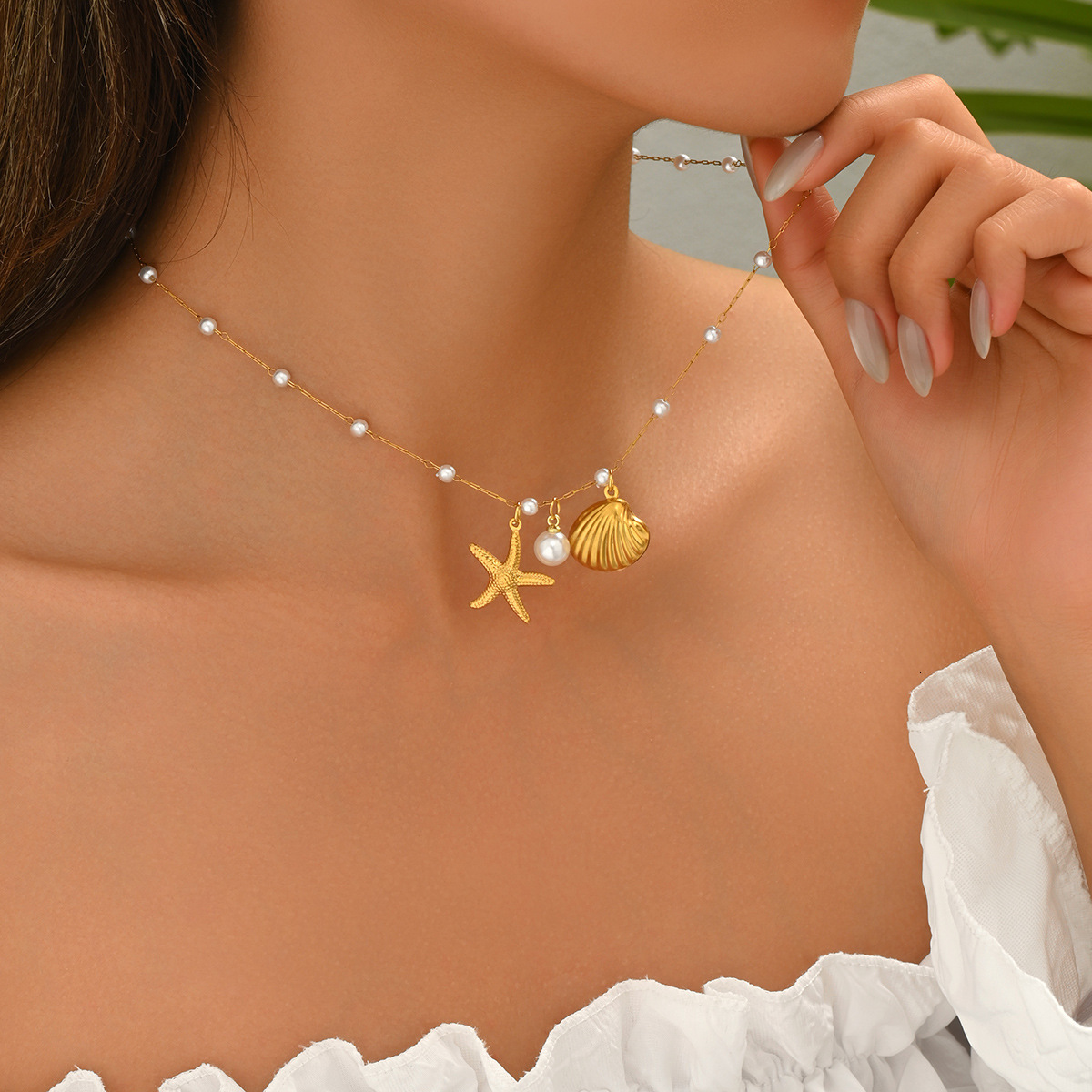 Beach Style Jewelry Ocean Series Women's Long Shell Starfish Necklace Pearl Choker Chain