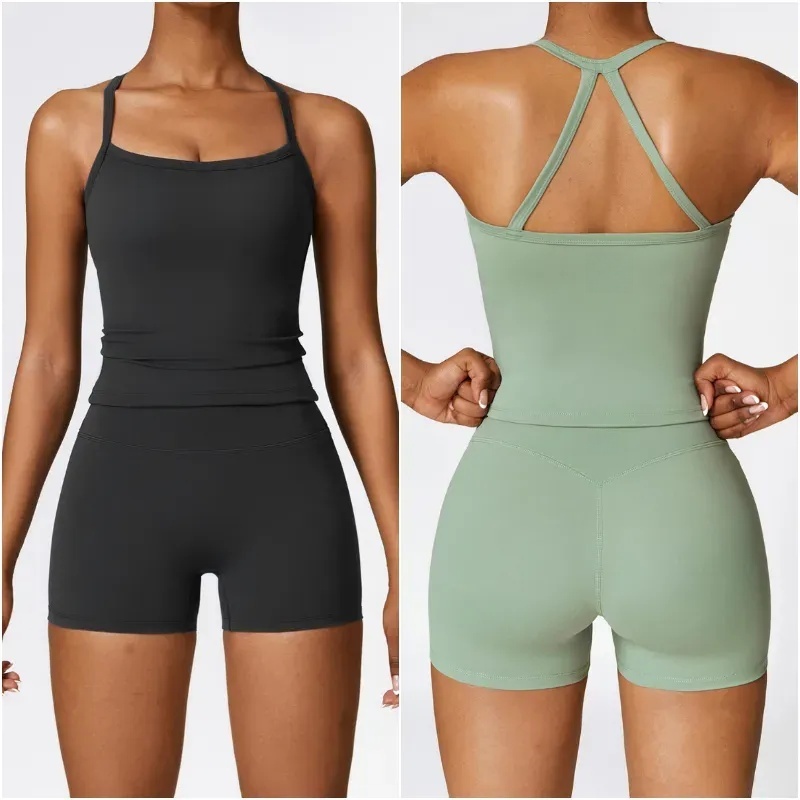 Womens Yoga Two Piece Set Suit Vest Short Pants Excerise Sport Gym Running Trainer Summer Shorts Elastic High Waist Sportwear