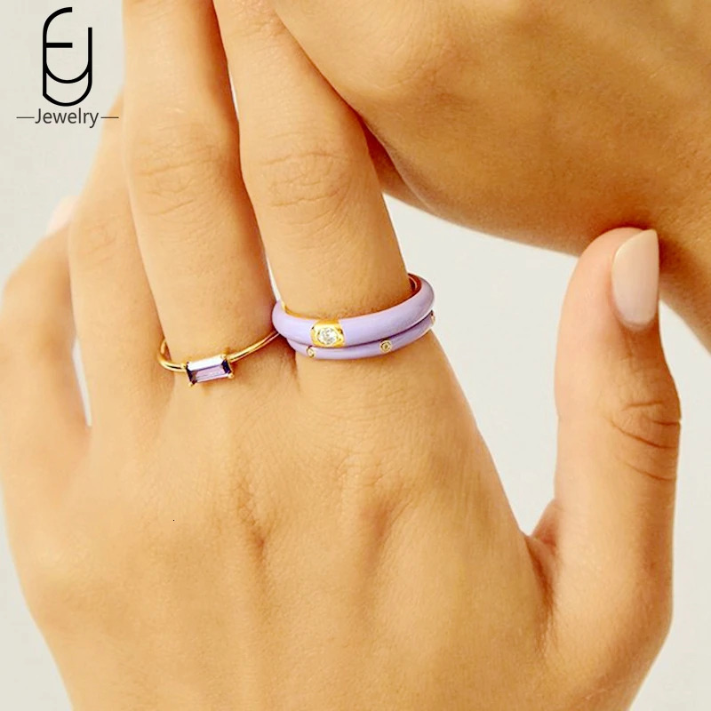 Colorful Enamel Summer 18K Gold Rings Shiny Rings Fashion Wedding Engagement Rings for Women Party Trend Jewelry 250624