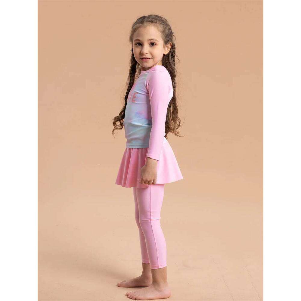 Two Piece Girls Kids Swimsuit 2025 New Pink Tie Dye Long Sleeves Children Swimwear Trousers Short Skirt Beach Wear Bathing Suit