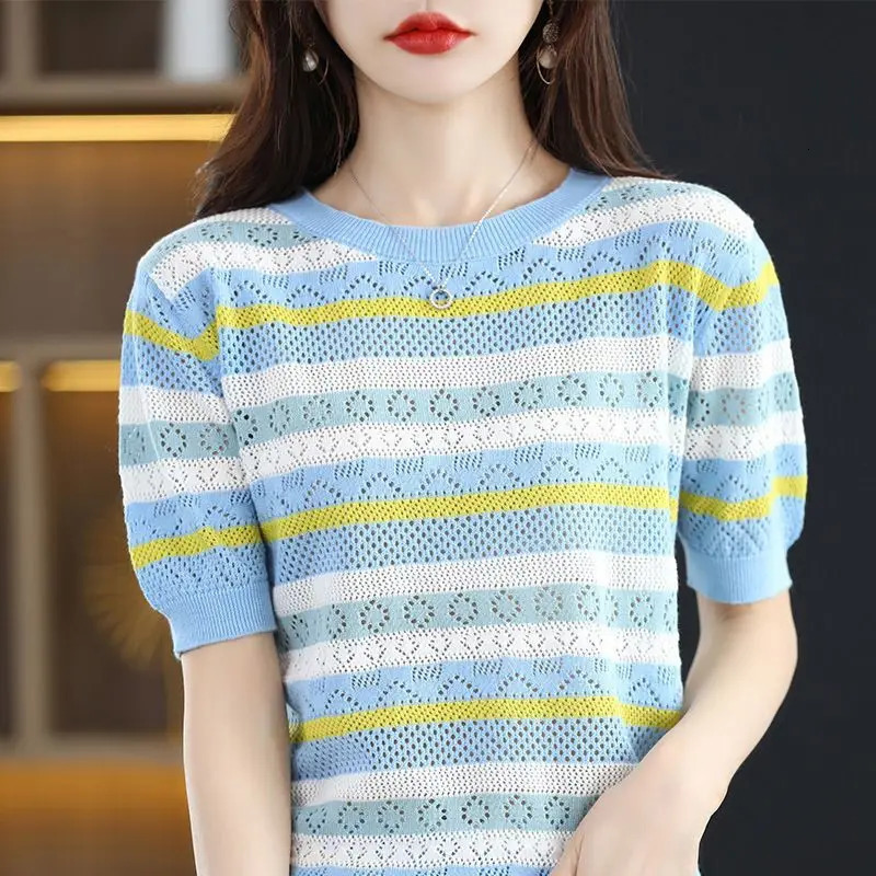 Summer Thin Fashion Crew Neck Striped Short Sleeve Loose Hollow Out Loose Sweater Knitted T-shirt Womens Tops 250614