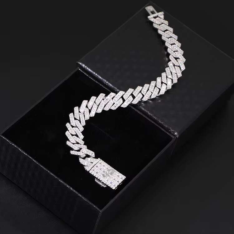 New Style Hip Hop Jewelry 925 Silver 13MM Width Necklace Baguettes Cut Moissanite Men Necklace Bling Cuban Link Chain