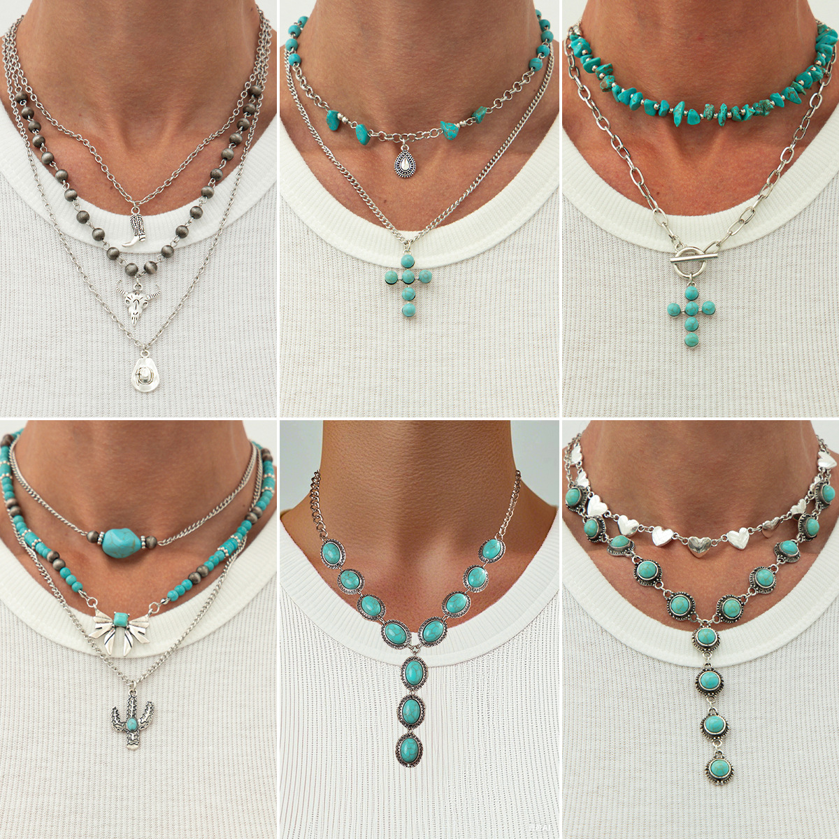 Accessories Ethnic Style Y-shaped Tassel Creative Vacation Heart-shaped Turquoise Pendant Necklace