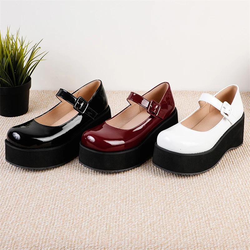 FOREADA Mary Janes Shoes Kawaii Princess Patent Leather Platform High Heel Round Toe Wedges Buckle Footwear Female 46 250624