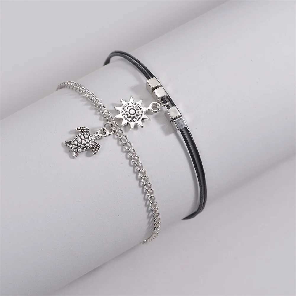 Bohemian Double Layers Sun Turtle Anklets For Women Antique Silver Color Chain Ankle Bracelet Beach Jewelry Summer Accessories U250624