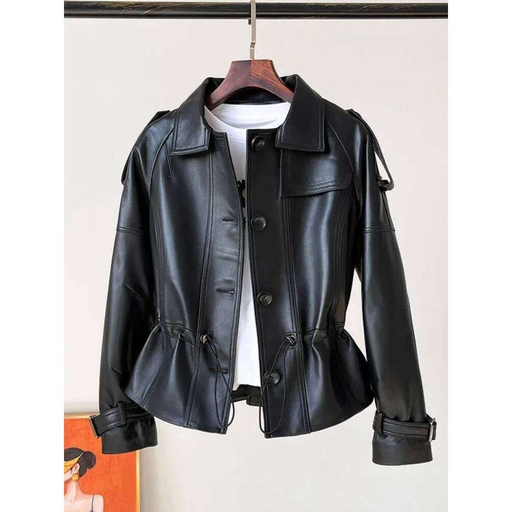 Office Ladies Genuine Leather Jacket Adjustable Waist Slim Fit Sheepskin Short Coat Women Single Breasted Punk Biker Outerwear