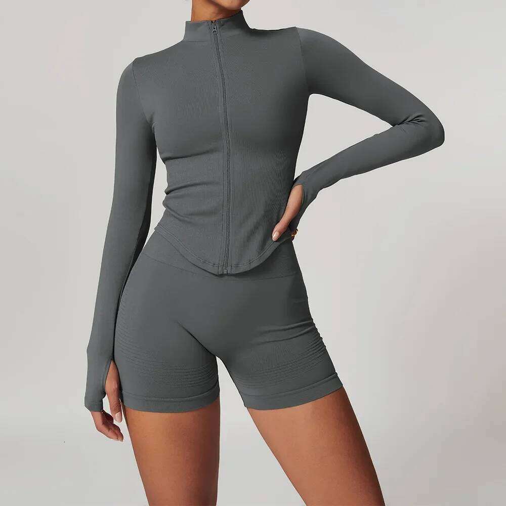 2/3 Piece Yoga Set Women Seamless Tracksuits Long Sleeve Zipper Jacket High Waist Leggings Fiess Suit Gym Running Shorts Sets
