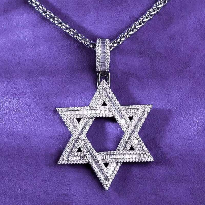 Hip Hop Iced Out 925 Sterling Silver Pass Diamond Tester VVS Baguette Moissanite Hexagram Star of David Pendant for Men