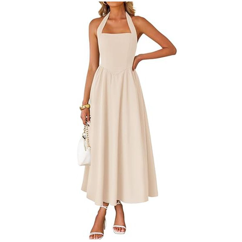 H6241Hot Sleeveless Halter Off-shoulder Pleated High Waist Pocket Dress