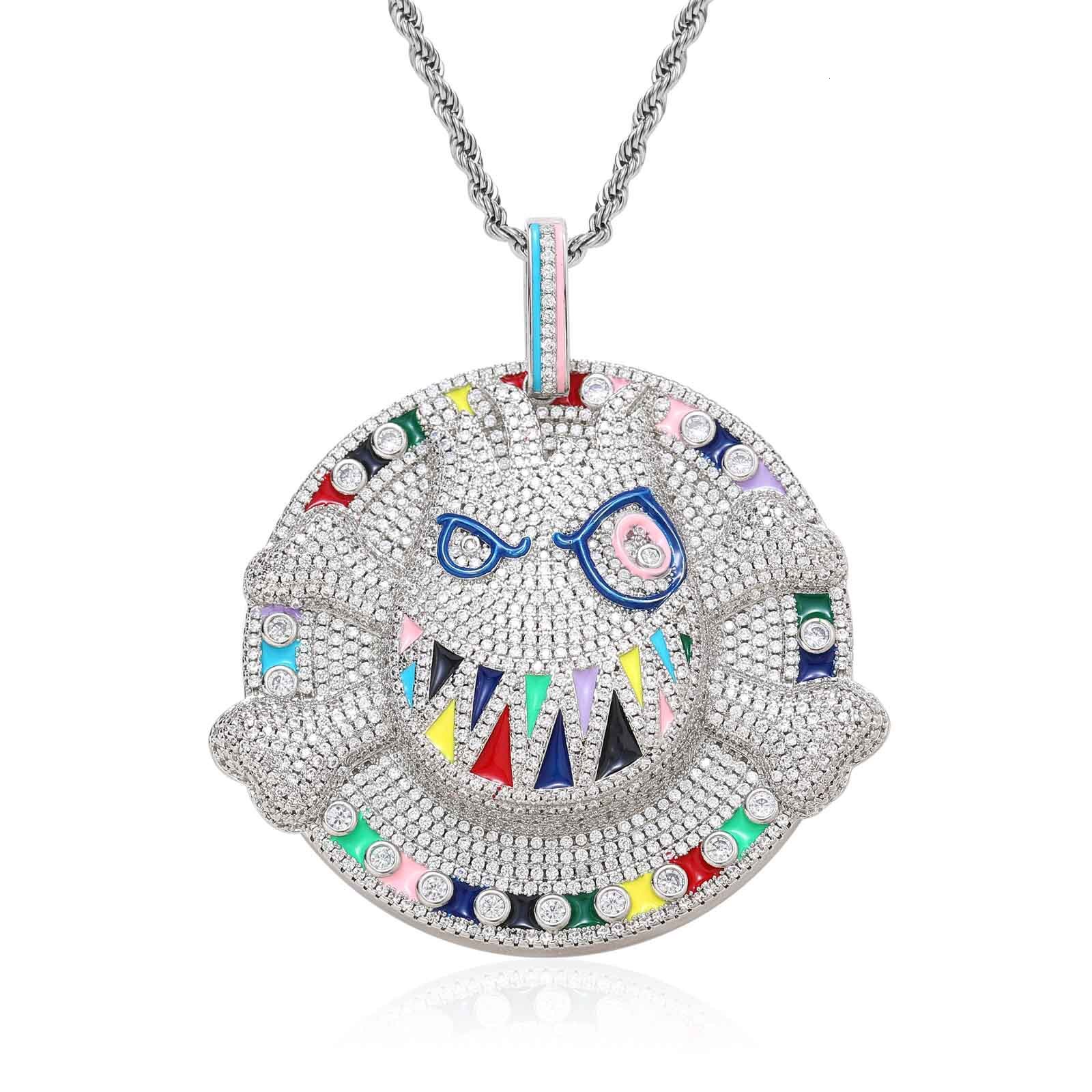 Luxury Moissanite Hip Hop Necklace Cartoon Emoji Pendant Diamond Studded Purple Disk Ghost Face Bone Personalized Exaggerated Accessory Pass the diamo