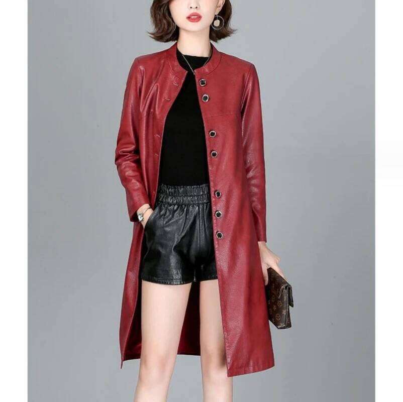 New Women Trench Casual Fashion O-Neck Single Breasted Loose Sheepskin Tops Coat Long Outerwear Split Leather