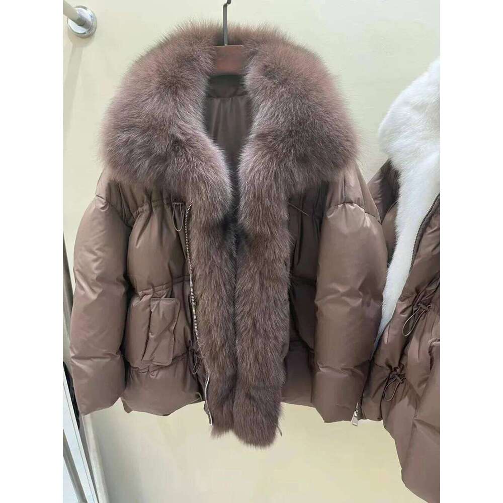 New Fashion Outerwear Streetwear Real Fox Fur Big Collar Winter Jacket Women Natural Thick Warm Duck Down Coat Loose