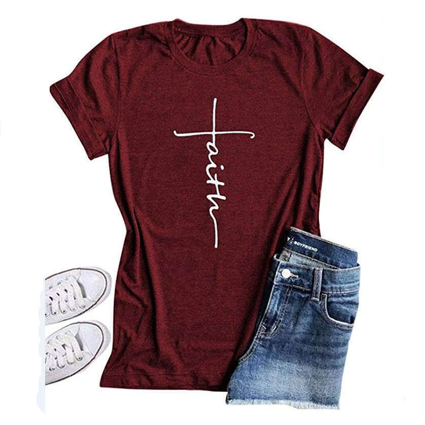 T-Shirt Women's Short Sleeve New Faith Printed Top B5
