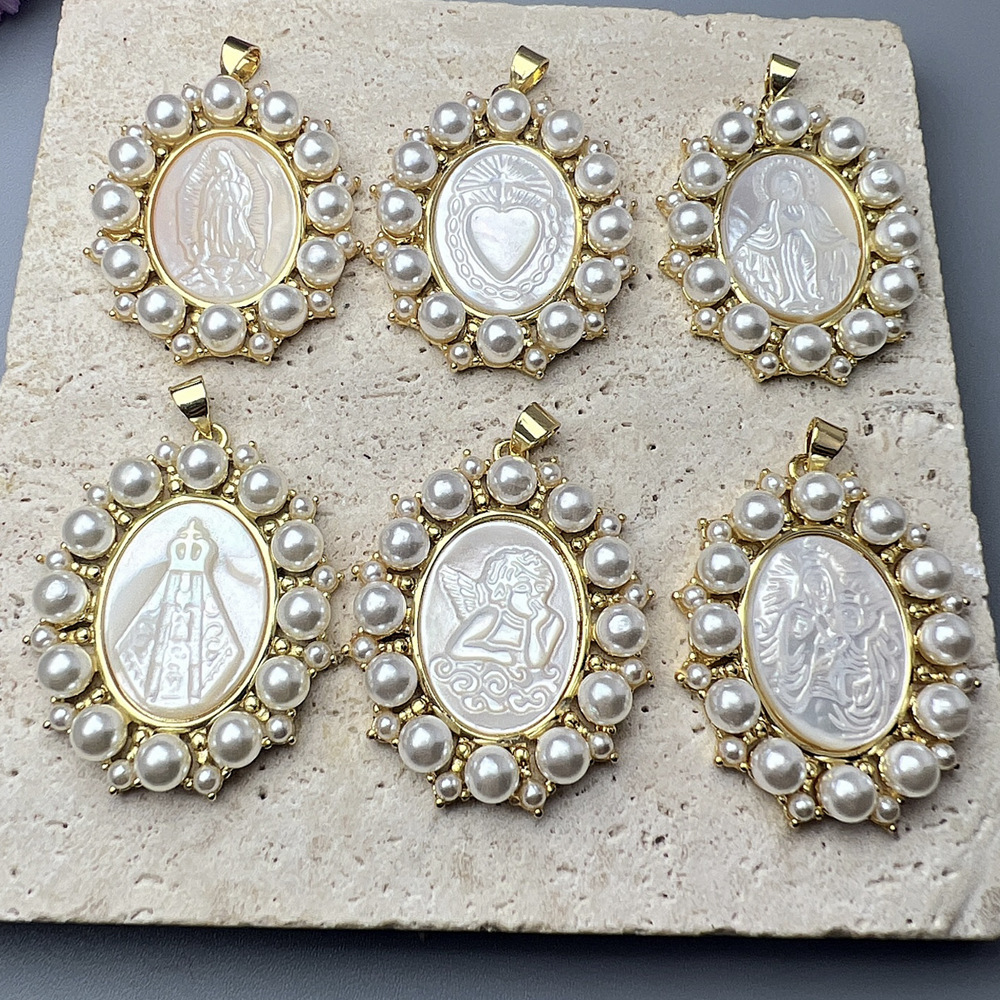 Natural Freshwater Pearl Virgin Mary Charms Necklace Natural Mother Pearl Shell Religious Medals San Benito Necklace for Gift 240812
