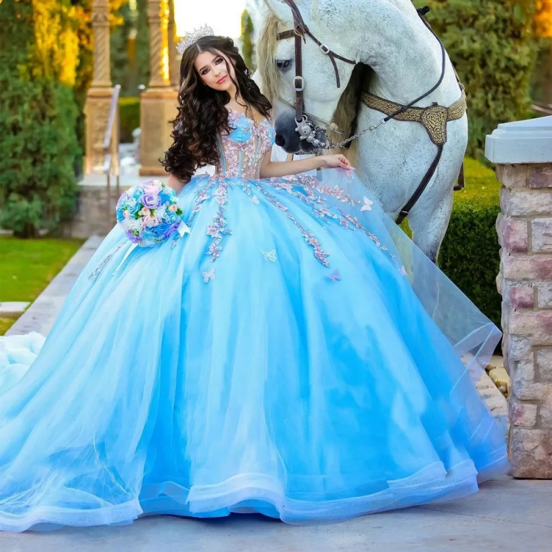 Light Blue Quinceanera Dresses Off The Shoulder Beading Appliques Bow Tull Corset Mexican Girls Sweet 16 Dress Ball Gown Vestidos 15 De Anos
