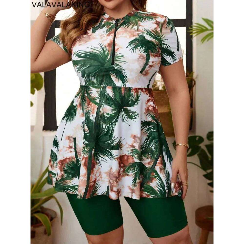2024 Print 2 Piece Plus Size Tankini Women High Waist Large Big Swimsuit Short Sleeve Lady Swimwear Chubby Curvy Bathing Suit