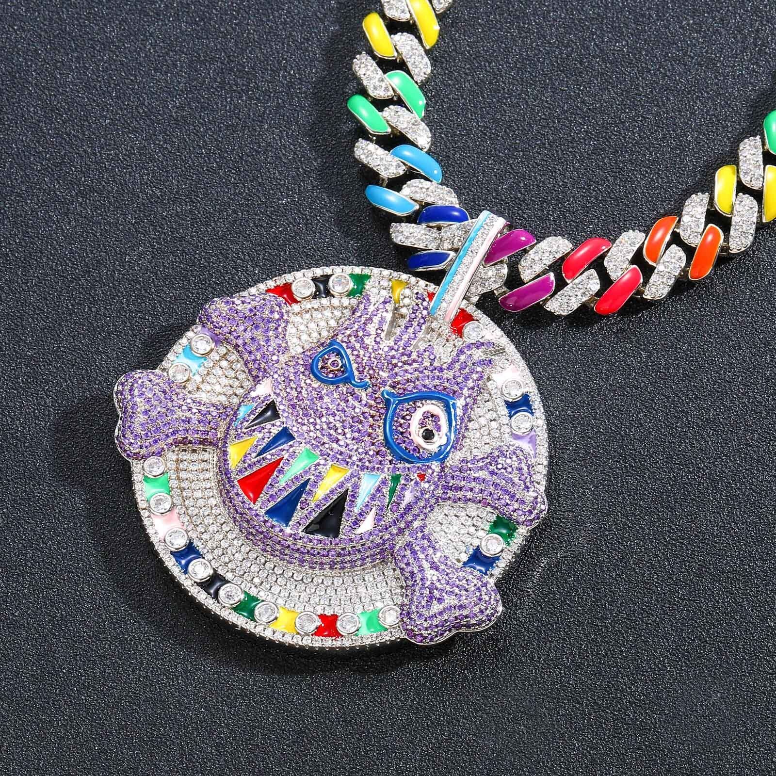 Luxury Moissanite Hip Hop Necklace Cartoon Emoji Pendant Diamond Studded Purple Disk Ghost Face Bone Personalized Exaggerated Accessory Pass the diamo