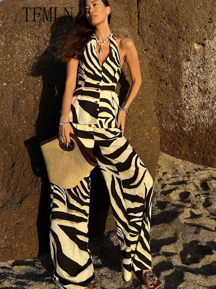 TFMLN 2025 Causal Striped Halter Top Pant Set Summer Elegant Backless Sleeveless Zipper Pleated Wide Leg Pants Outfits 250616