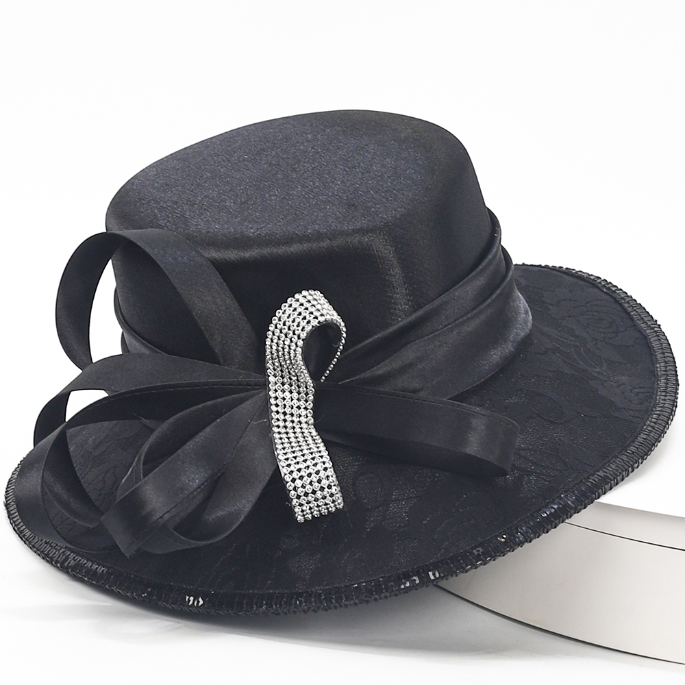 Elegant Black Church Hat with Wide Brim and Rhinestone Bow - Women's Formal Derby Tea Party Hat for Wedding & Sunday Services SD726