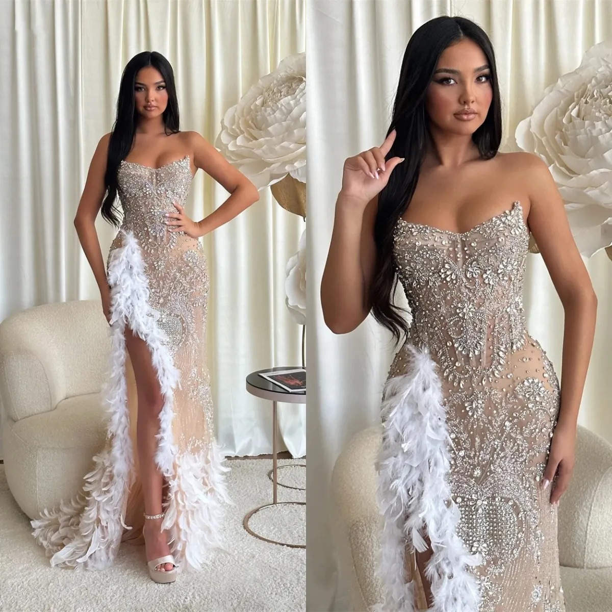 Exquisite Strapless Beaded Wedding Dress Luxury Crystal Side Slit Bridal Gown Sleeveless Feathers Bride Dresses Customized vestidos de novia