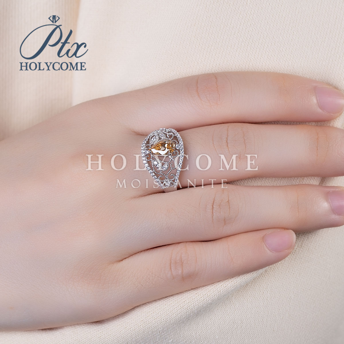 Classic Fine Jewelry 1Ct Moissanite Pear Champagne 925 Sterling Silver Wedding Ring Rhodium Plated Parties Anniversaries Ring for Women