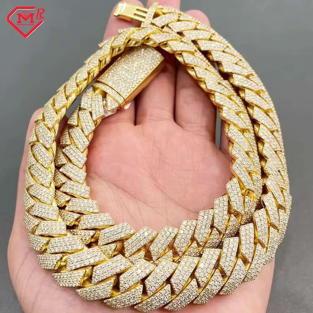 16MM Moissanite Cuban Chain Hiphop Miami Ice Out 925 Sterling Silver Yellow Gold Plated Cuban Link Chain