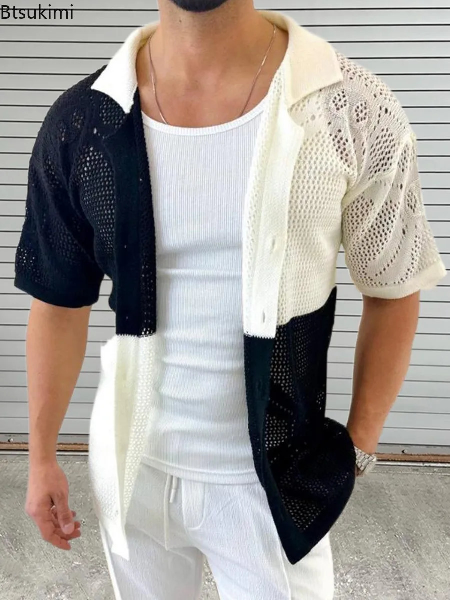 2025 Vintage Knit Hollow Out Shirt for Men Fashion Contrast Color Loose Casual Short Sleeve Cardigan Tops Male Polo Shirt 250617