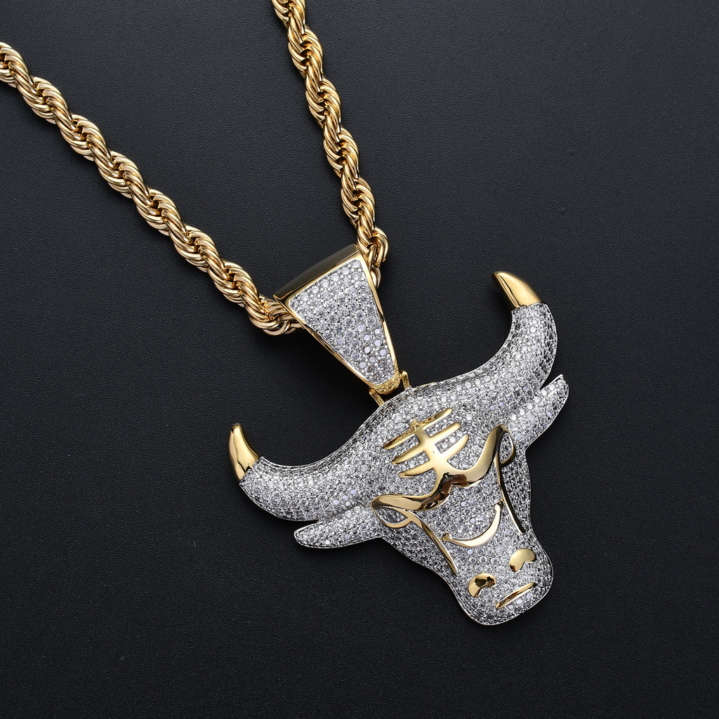 Moissanite Hip Hop Pendant Bull Head Iced Out Necklace Trendy Versatile Bling Men's Jewelry Pass the diamond tester