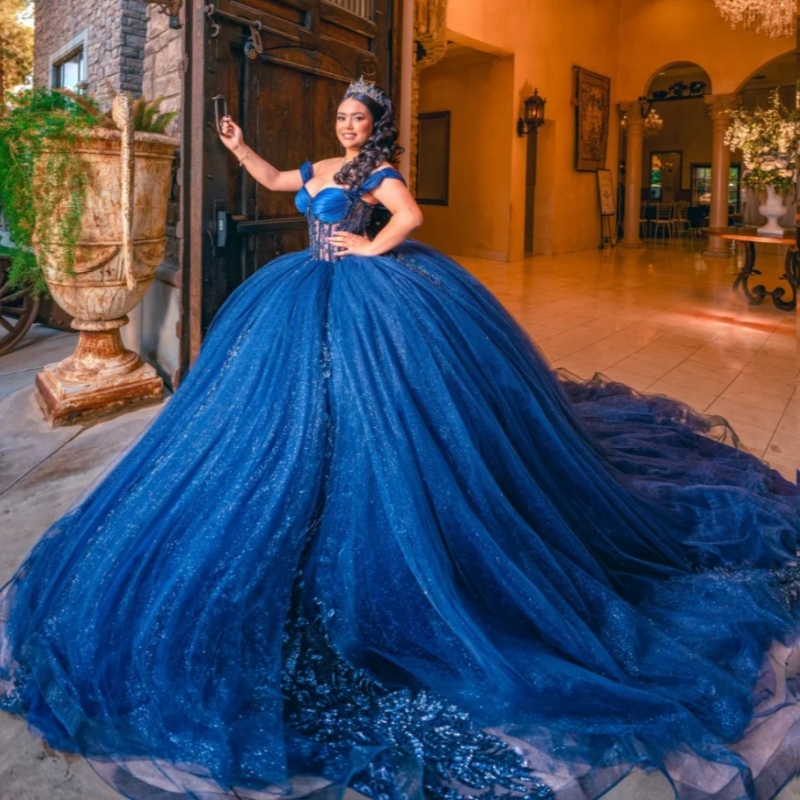2025 Royal Blue Shiny Quinceanera Dresses Ball Gown Lace Applique Beading Crystal Tull Mexico Corset Sweet 16 Dress Vestido De 15 Anos