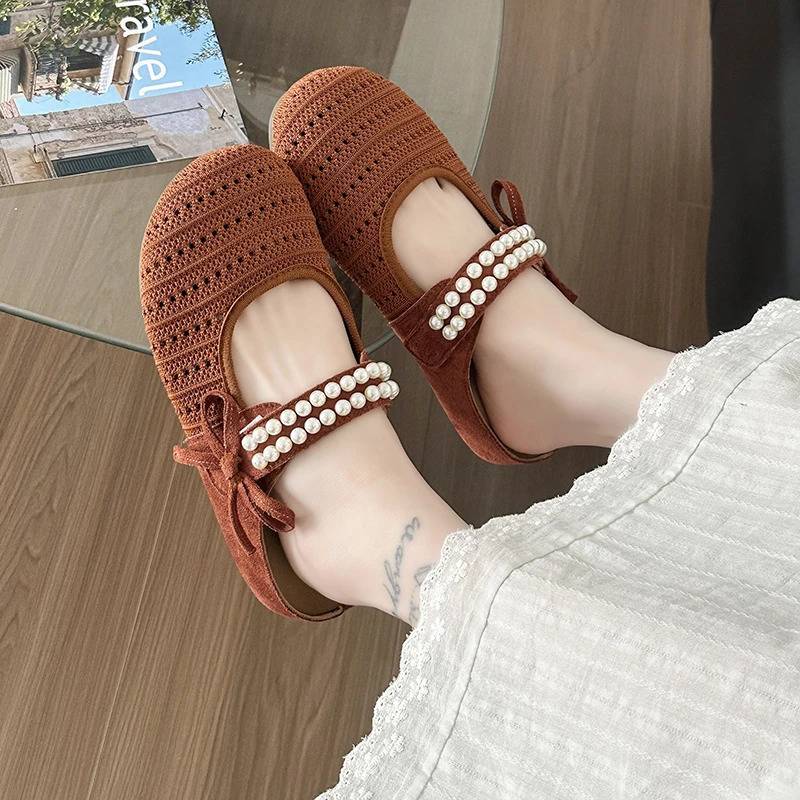 Womens Spring Summer Hollow out Woven Flat Sandals Mary Janes SlipOn Casual Shoes round Toe Low Heel Footwear 250624