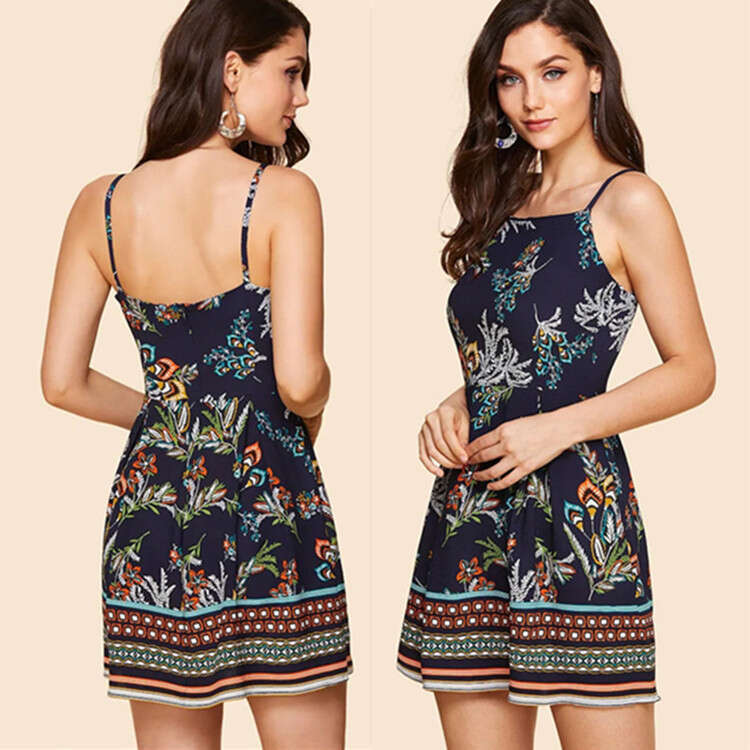 Summer 2019 Printed Strap Dress British Style Women's Fashion B5