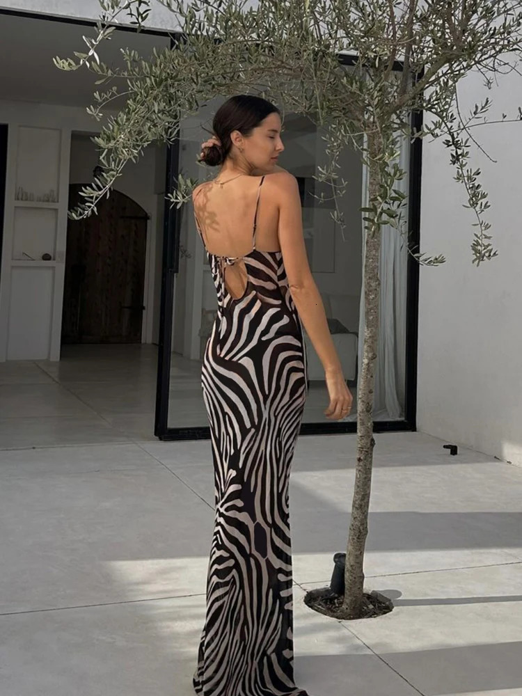 Chiffon Zebra Print Beach Dres Sexy See Through Sim Long Party Dresses Summer Spaghetti Strap Backless Holiday Dress 2024 250616
