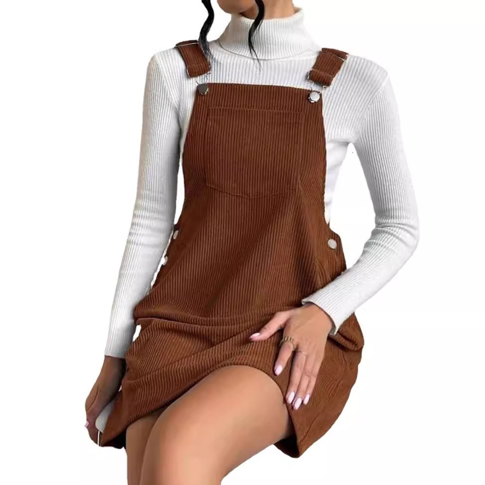 New Spring Corduroy Loose Sleeveless Strap Dress Solid Color Slip Dress 210413
