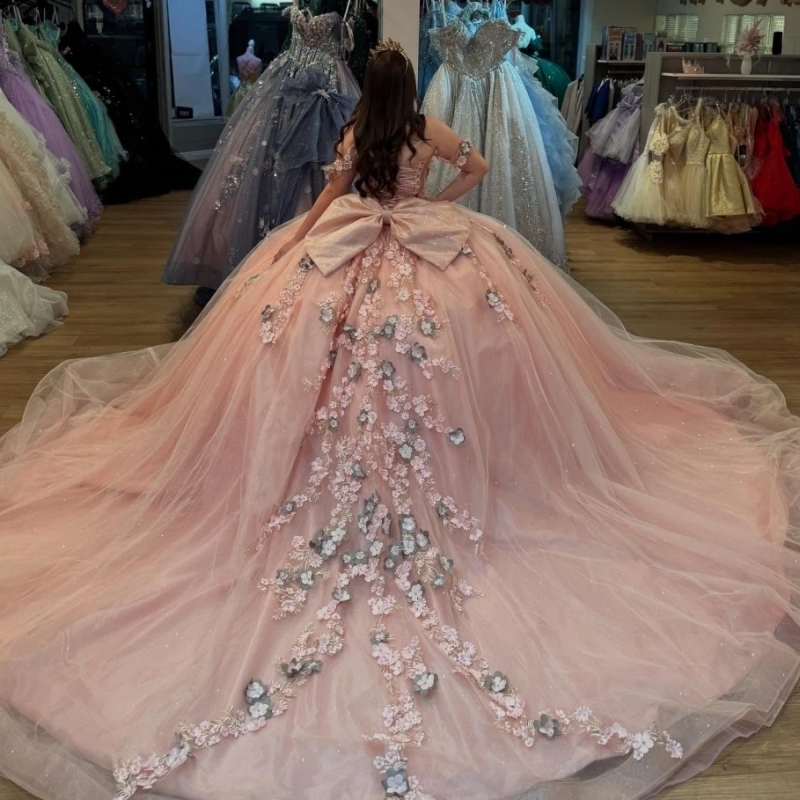 Pink Princess Quinceanera Dresses Ball Gown Floral Applique Beading Tull Corset Sweet 16 Dress Vestidos De 15 Anos